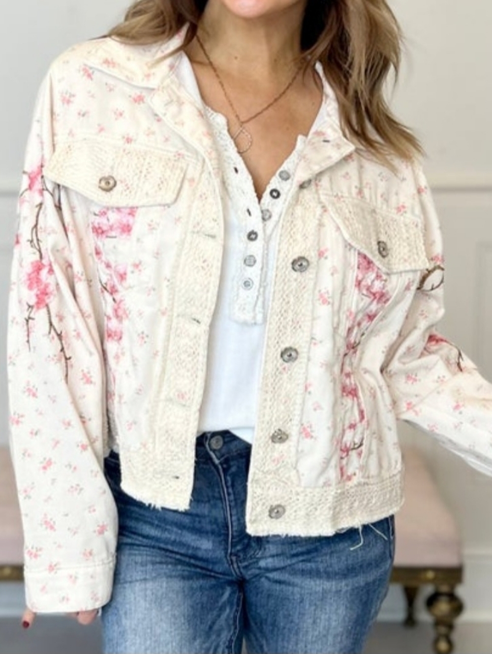 POL Cream Floral Denim Jacket